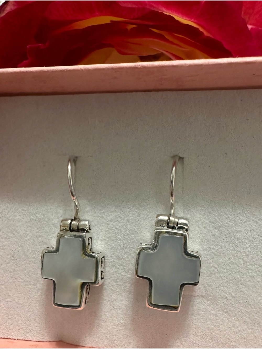Vintage Sterling Silver Cross Drop Earrings with  mother of pearl